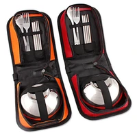 outdoor portable travel folding picnic bags tableware set storage bag stainless steel bowl chopsticks spoon camping equipment