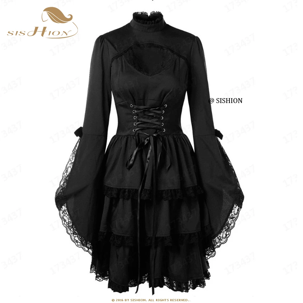 

Женское винтажное платье в готическом стиле, черное Сетчатое платье в стиле панк с длинными расклешенными рукавами и шнуровкой, модель VD2127