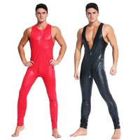 hot exotic apparel for man wet look sexy sleeveless catsuit pvc leather men 2 way zipper open crotch bodysuit gay costume m xxl