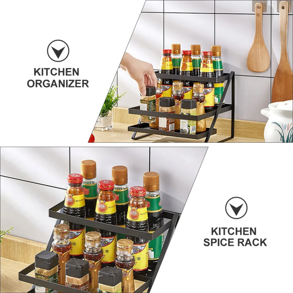 

1pc Kitchen Seasoning Storage Holder Spice Rack T-tier Kitchen Rack (Black)