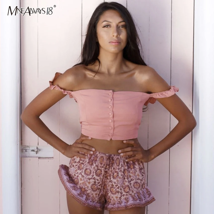 Женский топ на пуговицах Mnealways18 розовый укороченный с оборками и открытыми