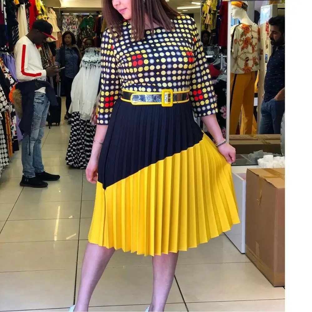 

Office Lady Elegant Pleated Dress High Quality Yellow Red High Waist Dot Sashes Mid Claf 2020 Summer Office Work Wear Midi Dress