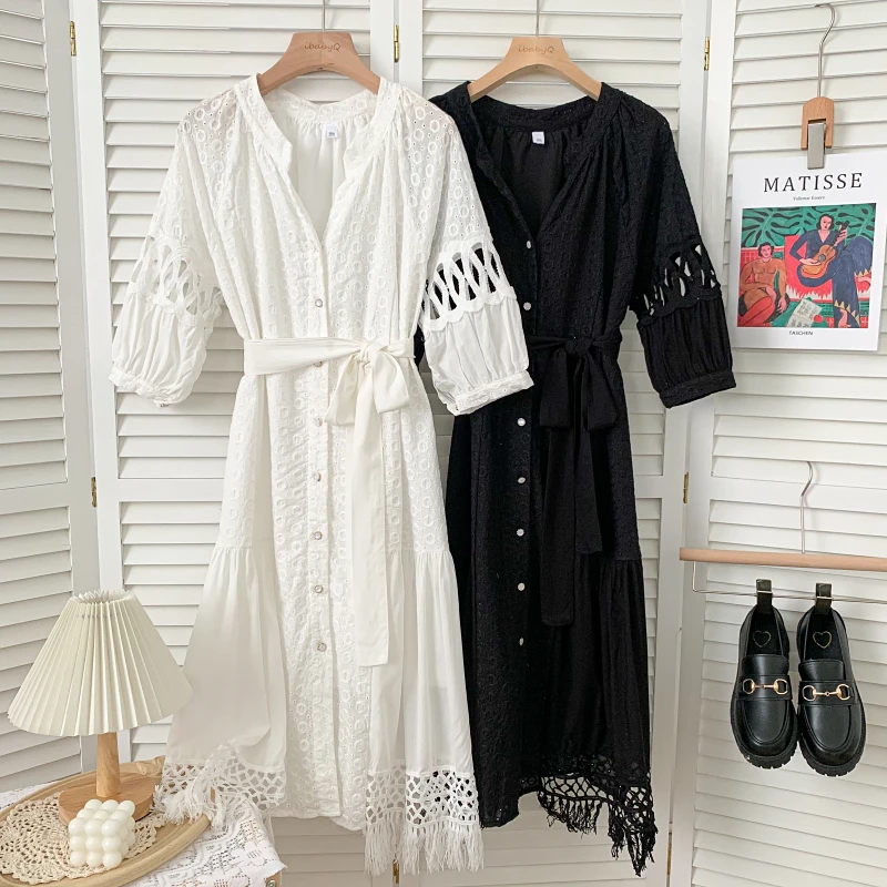 Летнее платье с длинными рукавами V-образным вырезом, вышивкой с открытыми участками, крючком и цветочным поясом на талии - "Платье летнего темперамента 2021".