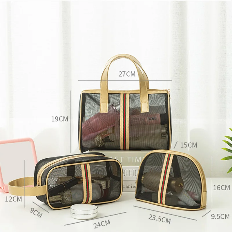 

Summer Ladies Handbag Fashion Multifunctional Toiletry Cosmetic Bag Beach Travel Storage Bag Transparent Mesh Three-Piece Set
