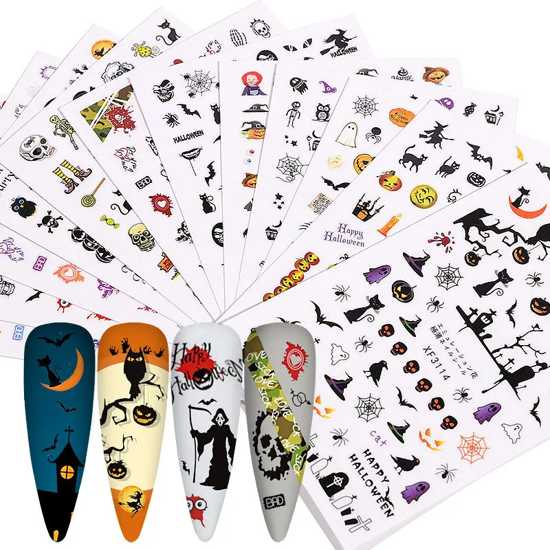 

12PCS Nails Decals Nail Art DIY Halloween Nail Art Watermark Sticker Pumpkin Skeleton Small Pattern Transfer Nail Stickers