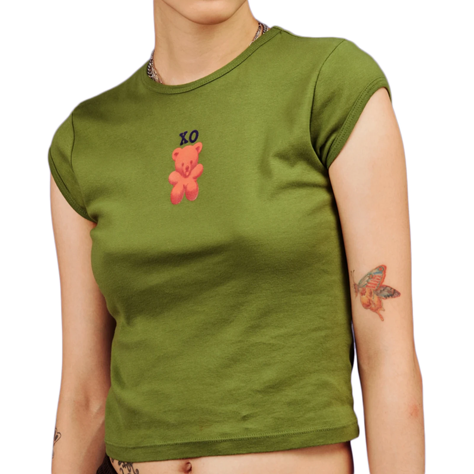 

2021 Female T-Shirt Letter Bear Pattern Print Round Collar Short Sleeve Pullover Tops for Summer Green/Coffee