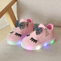 led luminous childrens shoes light up casual shoes cute cartoon bowknot soft bottom baby girls shoe sneakers pu leather zipper
