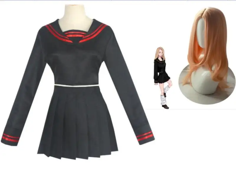 

Tachibana Hinat Chai Pomelo Leaf Cos JK Uniform Tokyo Revengers Cosplay Costumes Black Sailor Suit Anime Skirt Top Wig 3Pcs Set
