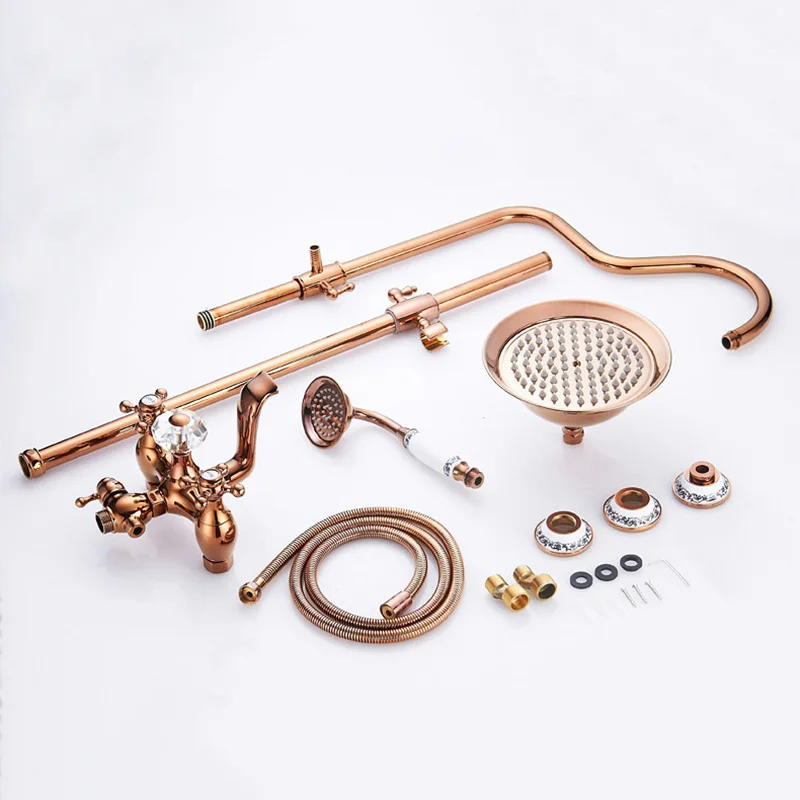 

Vidric Shower Faucets Brass Luxury Rose Gold Wall Bathroom Shower System 8 inch Round Rainfall Head HandHeld Bathtub Mixer Ta