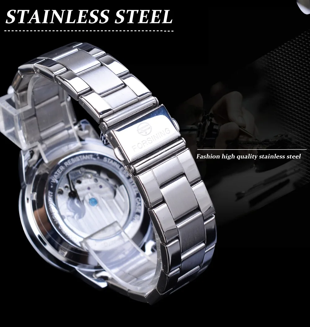 Forsining классические мужские Tourbillon механические часы модный бренд черный Moonphase бизнес стальной ремешок автоматические часы Reloj Hombre