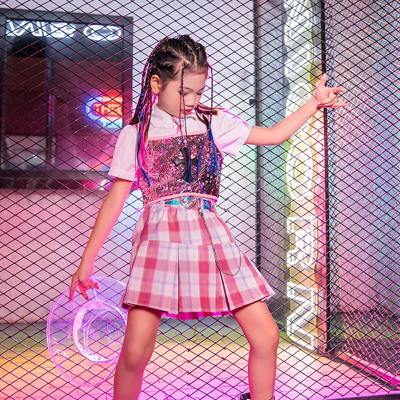Топы с блестками для девочек розовая клетчатая юбка детские костюмы на день