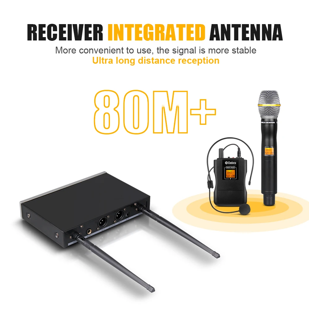 Хороший звук! Debra внешний звук 2 канальный Диапазон 80 м с ручными микрофонами UHF