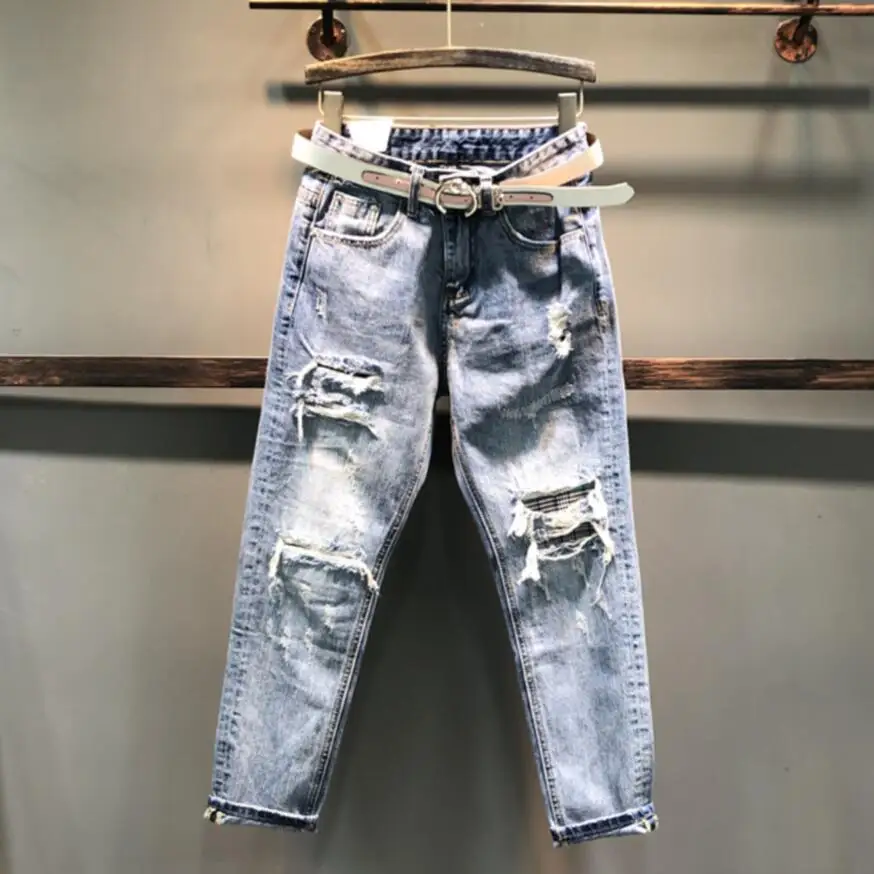 beggar jeans women 2020 spring autumn new fake hole denim pants women's high waist loose harem pants q509