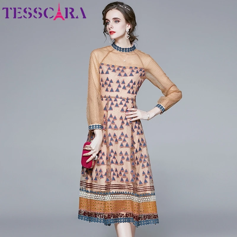 Женское осеннее роскошное Сетчатое платье TESSCARA с вышивкой высококачественное