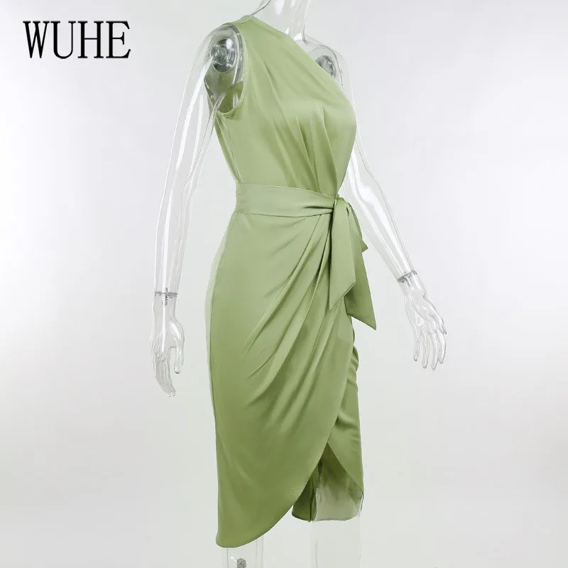 

WUHE Satin Silk Party Bodycon Sleeveless Irregular Oblique Shoulder Lace Up Ruched Front Split Elegant Women Club Summer Dresses