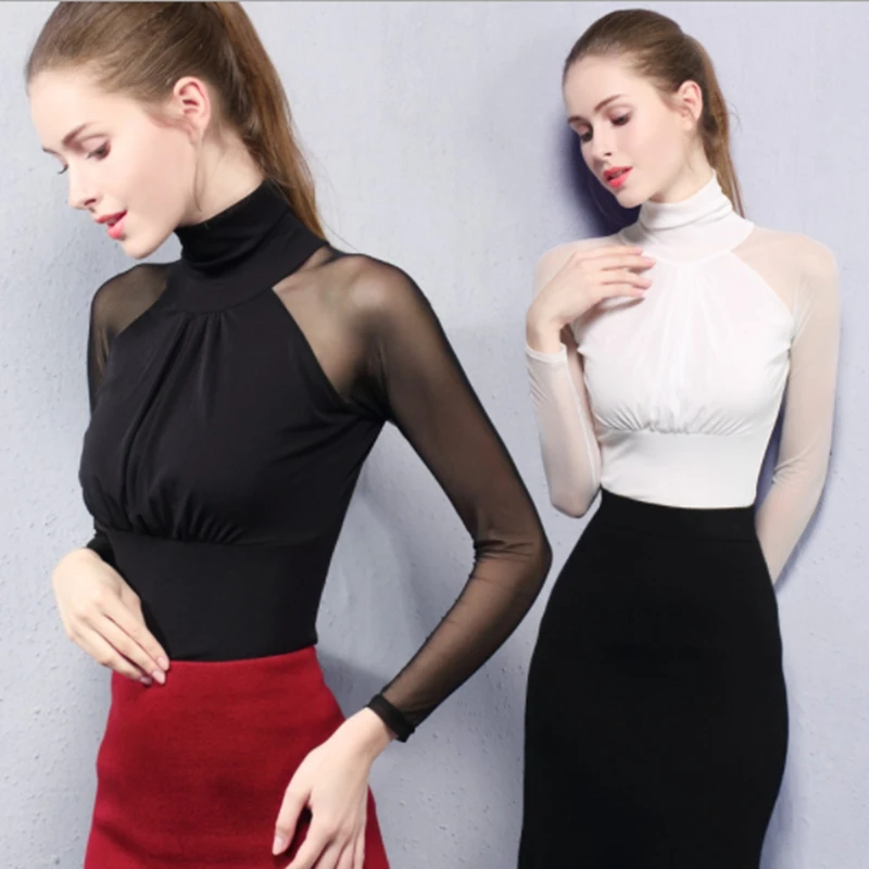 Женская облегающая блузка с высоким воротником эластичные базовые рубашки из