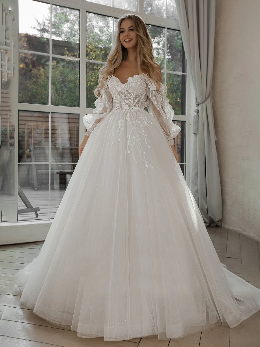 Bling Tulle Floral Appliques Wedding Dress Beach Long Flutter Sleeves Beading Princess 2021 Lacing Bridal Ball Gown Custom Made