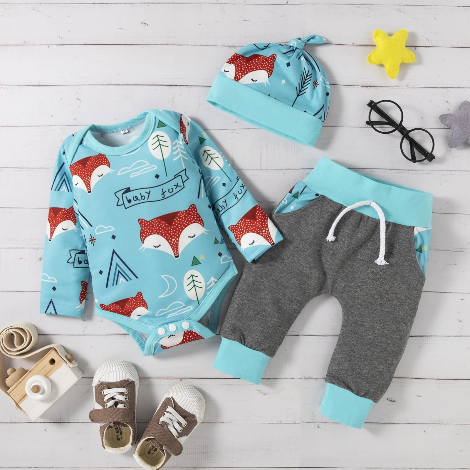 3pcs Baby Boy\u2019s Clothes Cute Fox Long Sleeve Romper Bodysuits Contrast Color Pants Hat Clothing Sets