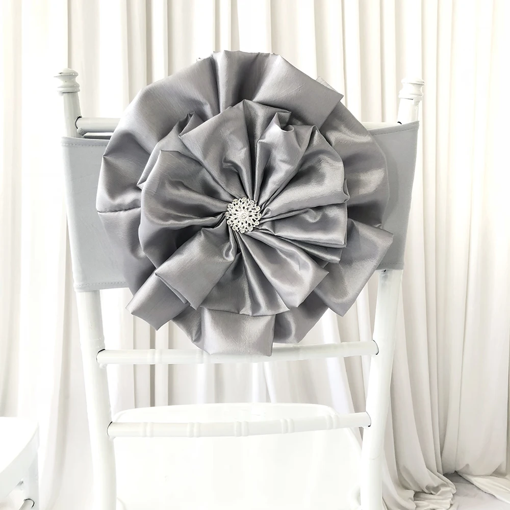 Hot sale 100PCS  Silver  Miracle Taffeta Big  Flower With  Spandex Chair Band for Wedding Birthday Party Decoration