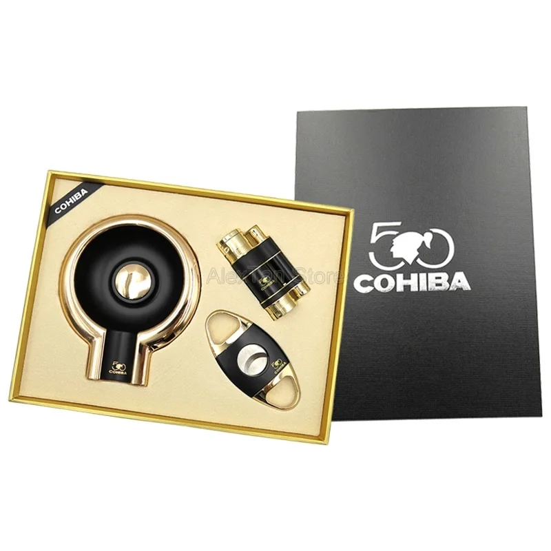 Золотой COHIBA элегантный сигарный костюм с пепельницей и сигары резак ножницы и прикуриватель для дома путешествия подарочный набор сигар - Цвет: Золотой