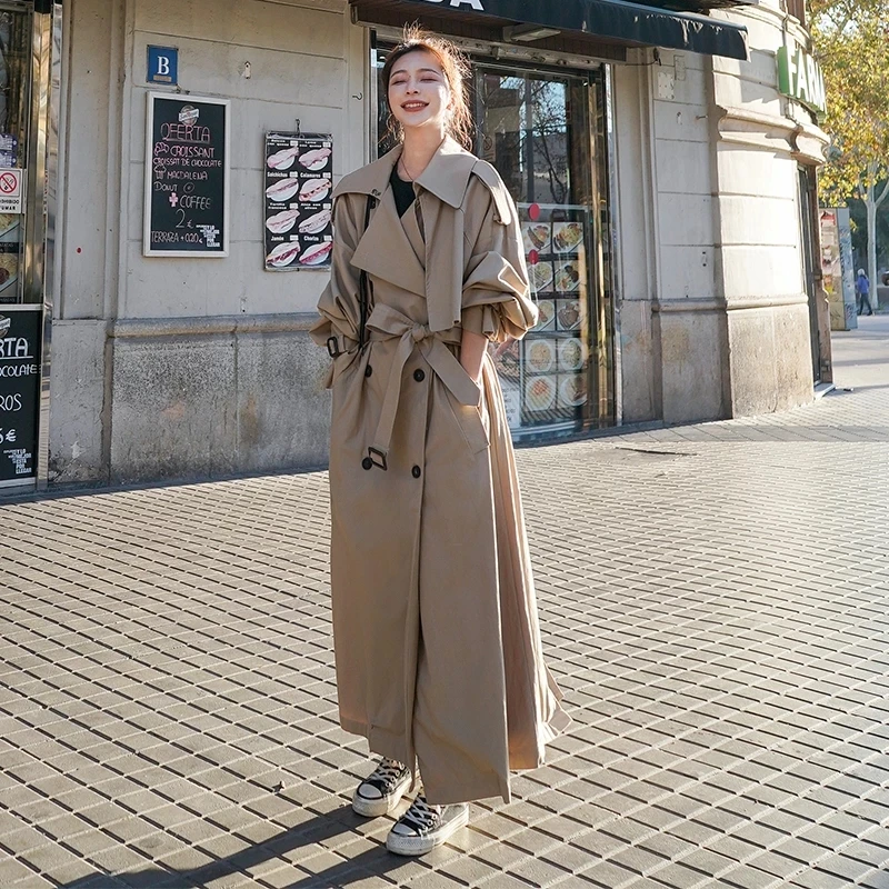 

Korean Style Loose Oversized X-Long Women's Trench Coat Double-Breasted Belted Lady Cloak Windbreaker Spring Fall Outerwear