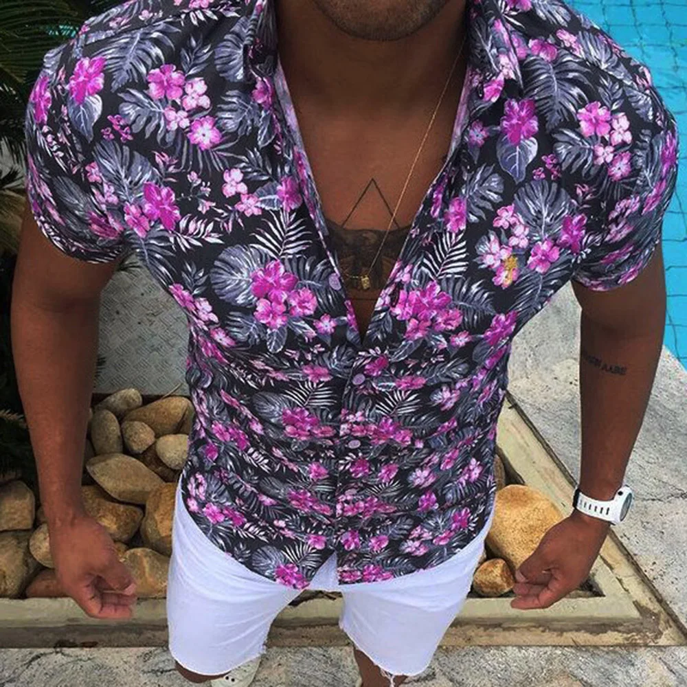 

Print Casual Floral Lapel Slim Men's Shirt Letter Shirt Hawaii Short Sleeve Slim Fit Shirt Fashion Turn-down Collar Tops