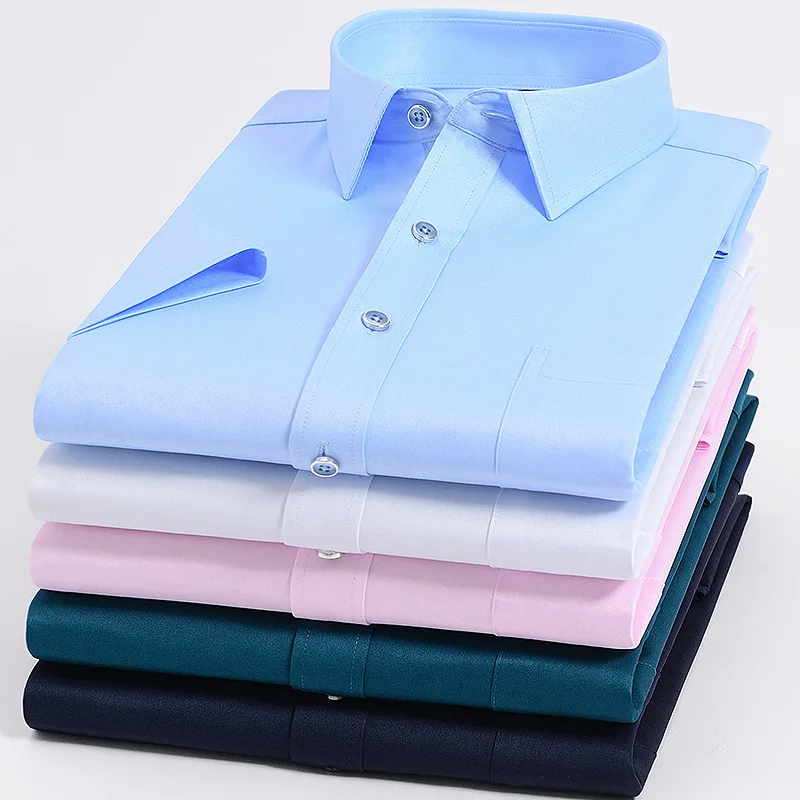 Anti-wrinkle Men Shirt Short Sleeve Slim Fit Solid Color Men's Shirt Work Fashion Summer Casual Mens Dress Shirts plus size