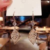 full diamond hollow leaf tassel for women short earrings pendant fashion jewelry metal crystal double leaves earring party girl