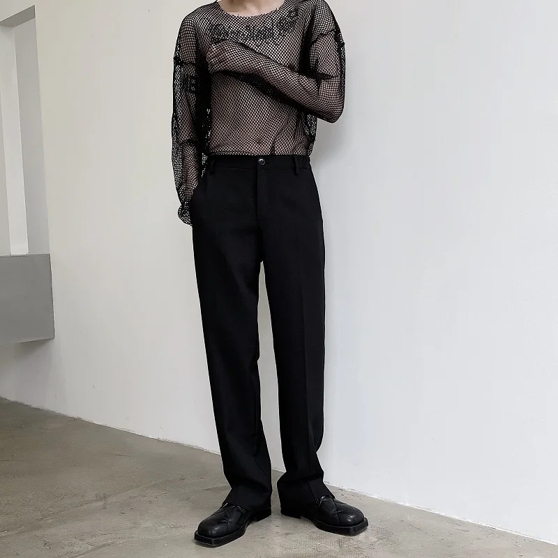 

Male Streetwear Hip Hop Punk Gothic Tees Shirts Stage Show Clothing Men Mesh Hollow Long Sleeve Casual T-shirt