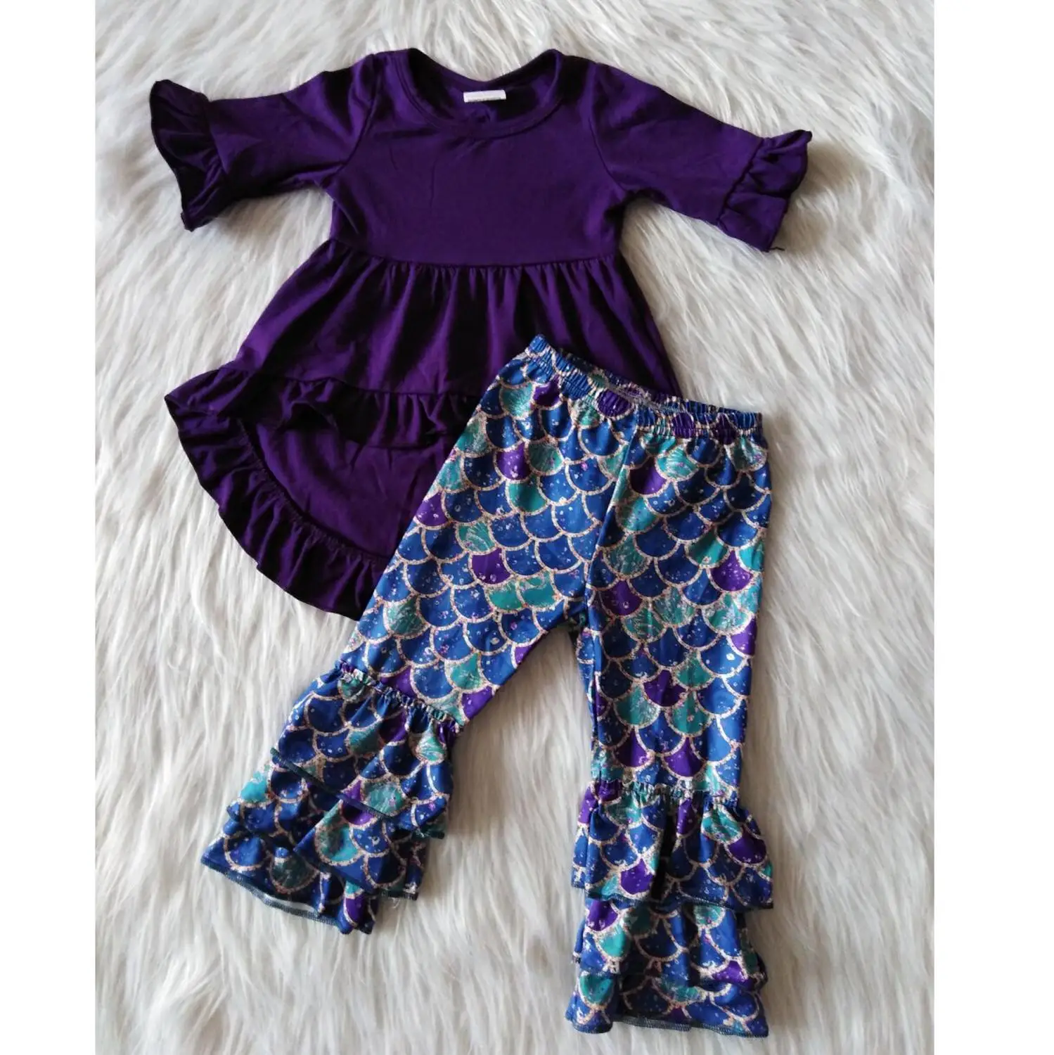 

Wholesale Boutique Children Clothes Pure Cotton Purple Fish Scales Solid Color Set Ruffle Long Sleeve Pants Kid Baby Girl Outfit