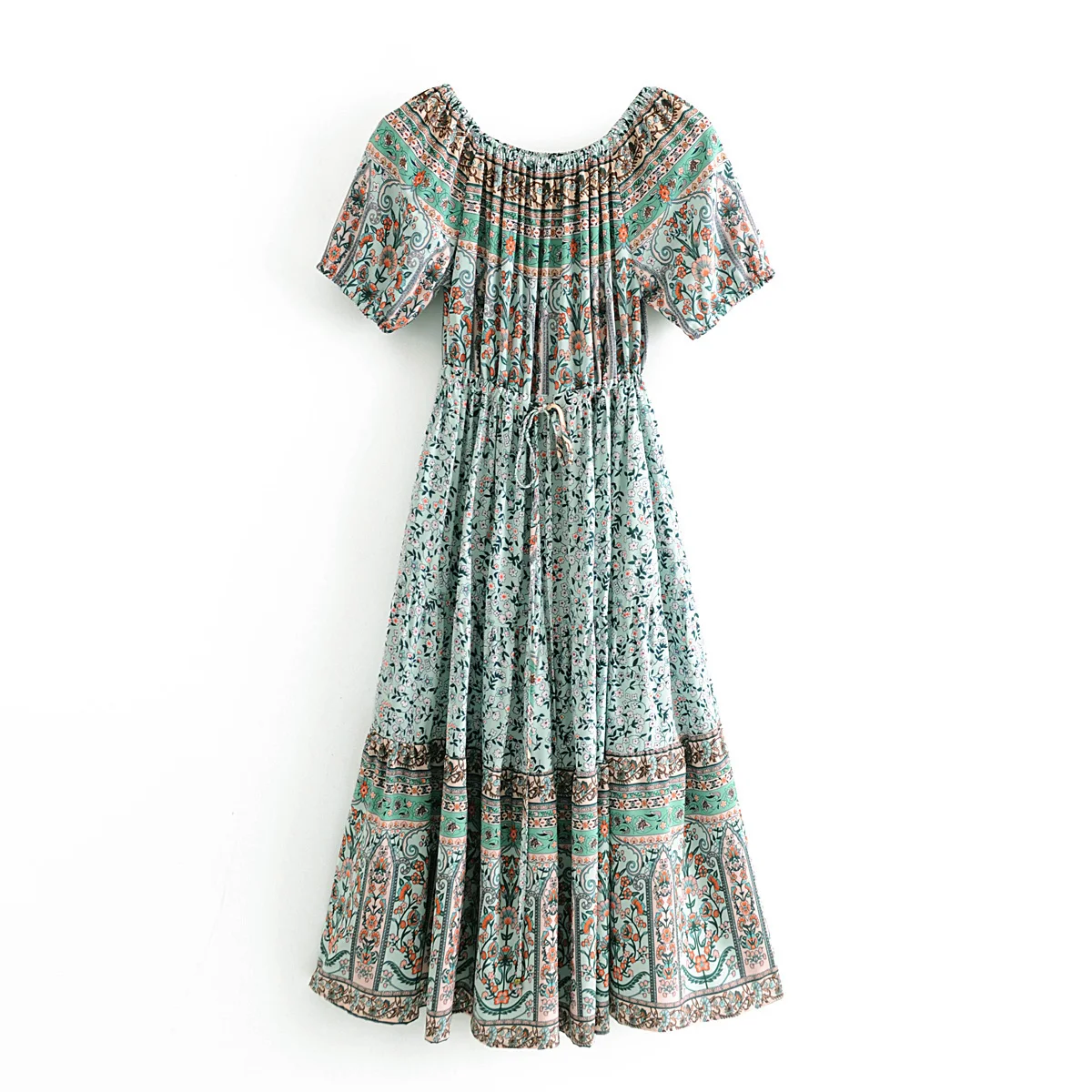

Boho Beach Off The Shoulder Long Dress Women Vintage Casual Floral Print Sexy Dresses Lace-up Tassel Waist Short Sleeve Vestidos