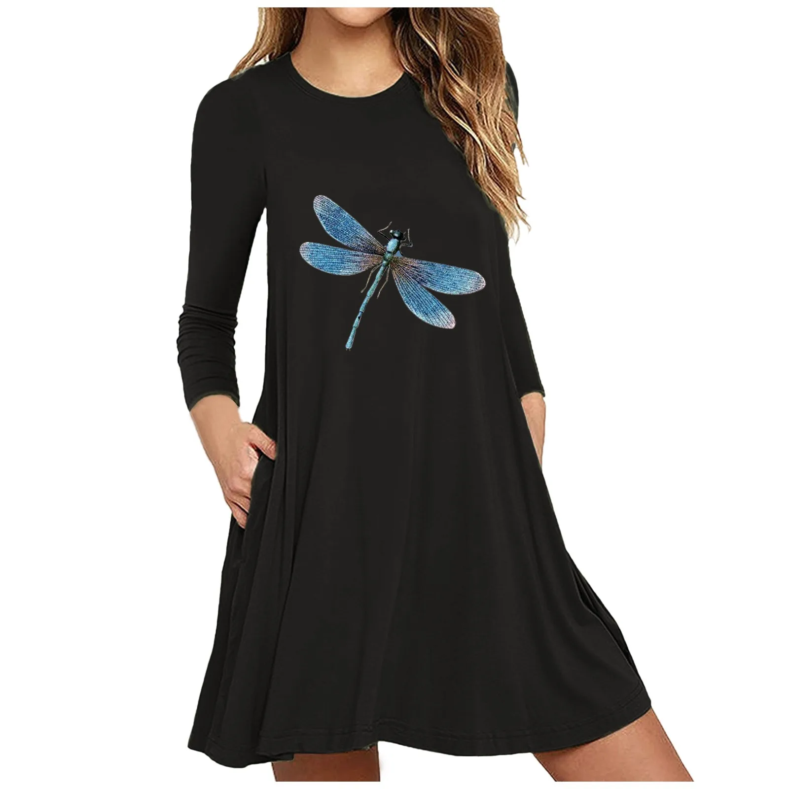 

Plus Size Women's Dress Ladies Casual Dragonfly Print Long-sleeved Raglan Mini Dress Home Dress Sundresses Vestido De Mujer 2021