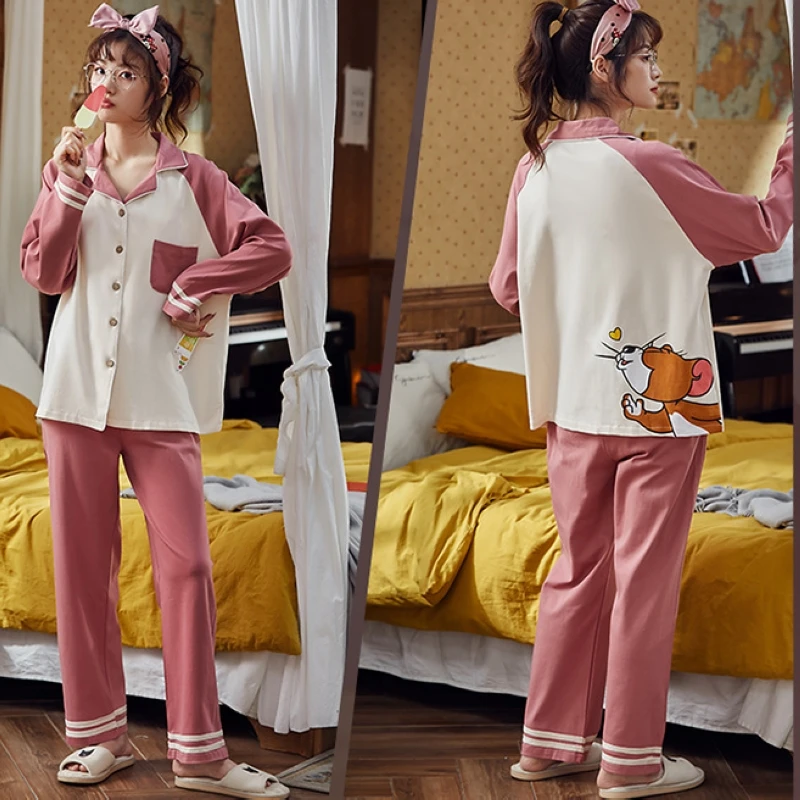 

Pajamas ladies autumn new style knitted cotton long-sleeved lapel home service female students sweet and cute casual suit