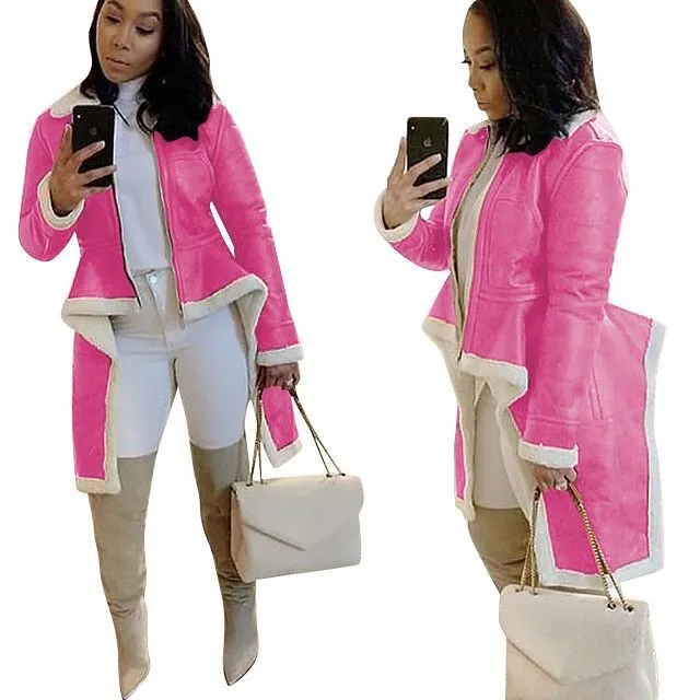 

Women Berber Fleece Patchwork Leather Coats 2020 Winter New Fashion Lady Turn Down Collar Full Sleeve Zipper Irregular Jackets