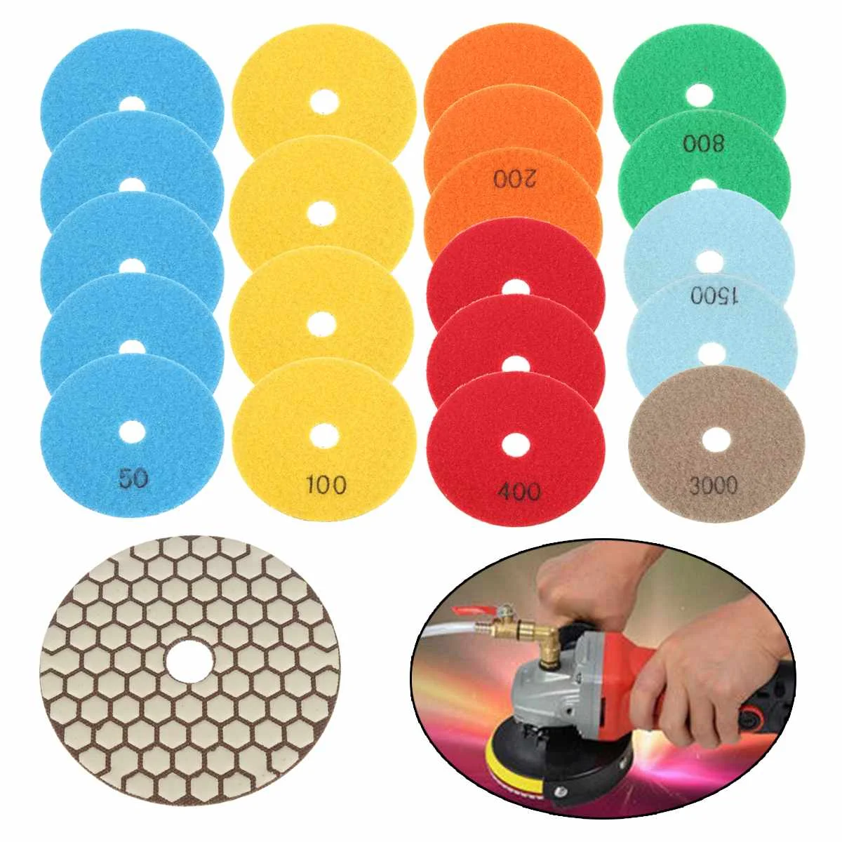 

20Pcs/lot Diamond Polishing Pads Kit 4 inch 100mm Wet/Dry for Granite Stone Concrete Marble Polishing Use Grinding Discs Set