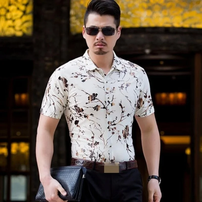 

Рубашка мужская с коротким рукавом, Шикарная шелковая блуза в китайском стиле, однобортная повседневная с цветочным принтом, лето