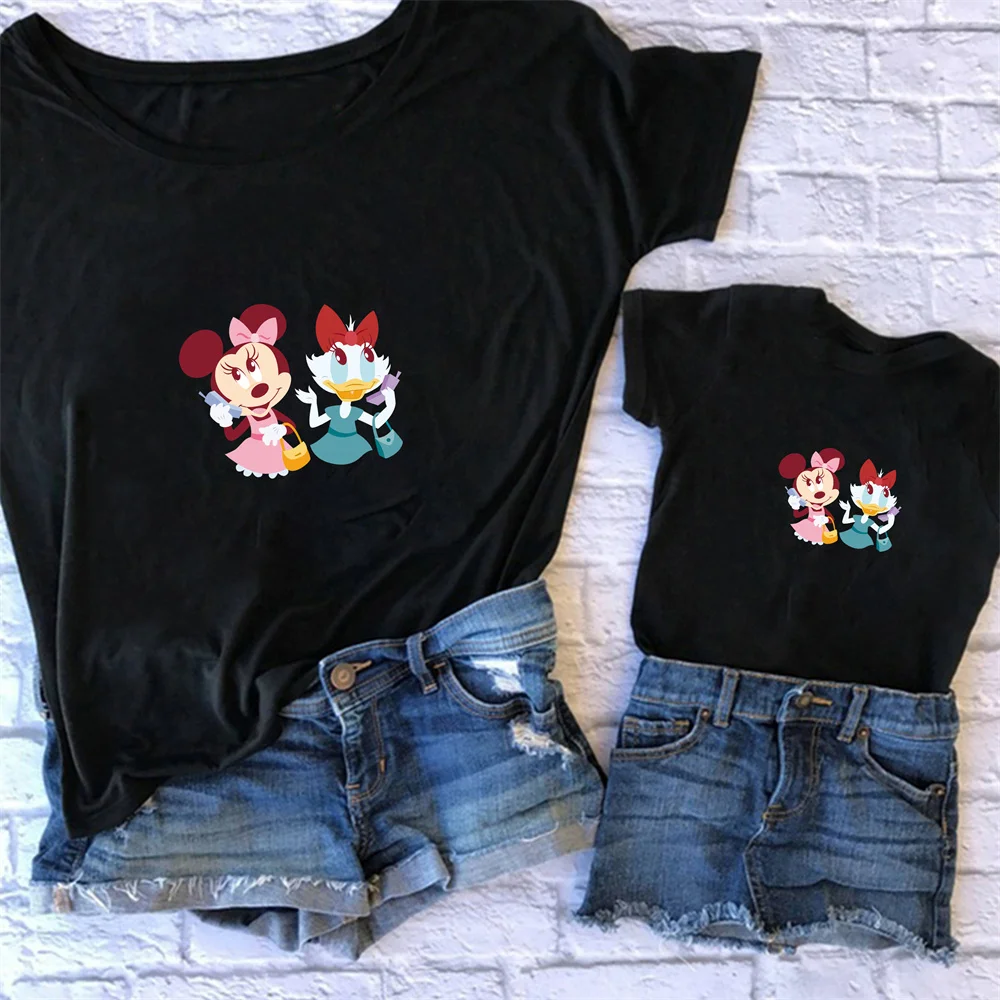 

New Disney T-Shirt Cute Minnie Cotton Kid Cartoon Parent-Child Casual Women Black Summer Clothes Children Kawaii Streetwear