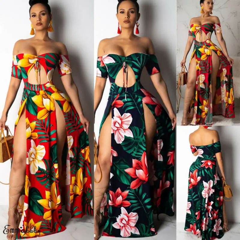 

Women Dress Bohu Sexy Women Floral Bandeau Bodycon Long Dress Summer Holiday Beach Maxi Sundress Split Off Shouder