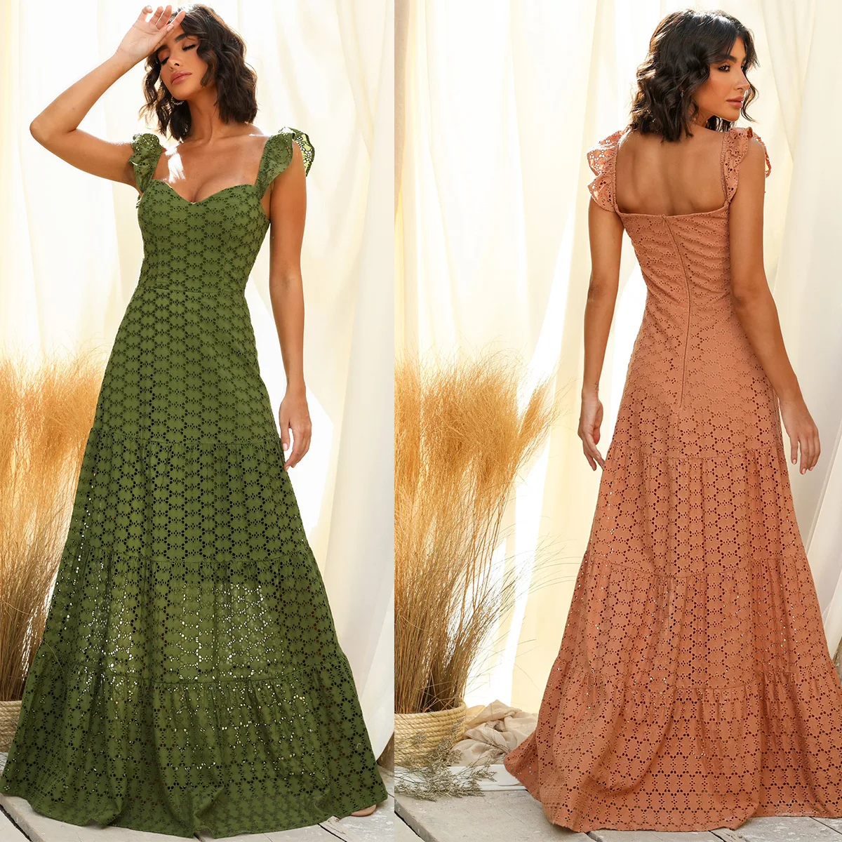 

Donsignet 2021 Sexy Lace Long Skirt Solid Dress for Women Green Spaghetti Strap Mid Waist Long Dress for Women
