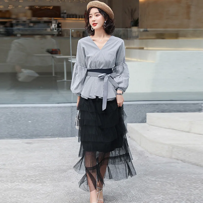 Блузка LUZUZI женская с рукавами фонариками элегантная офисная рубашка в полоску