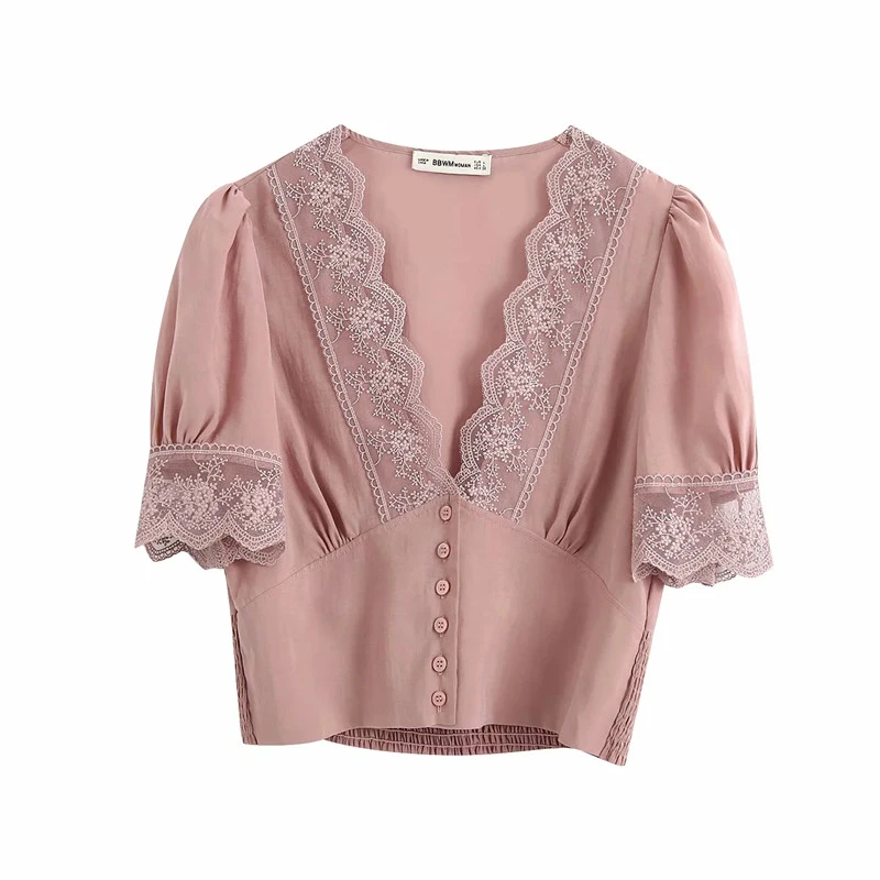 Женская кружевная блузка za однобортная эластичная хлопковая рубашка с коротким