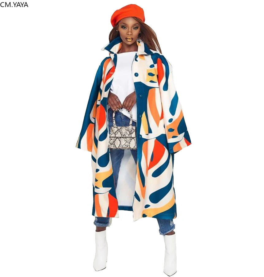 Женская верхняя одежда с принтом граффити длинный плащ отложным воротником и