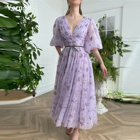 verngo elegant lavender tulle floral flowers prom dresses puff sleeves v neck belt ankle length homecoming party gowns