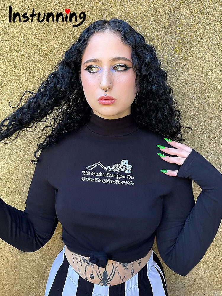 

Женский топ с рисунком черепа Instunning, повседневная облегающая футболка с длинным рукавом и воротником-стойкой в уличном стиле, осень 2021