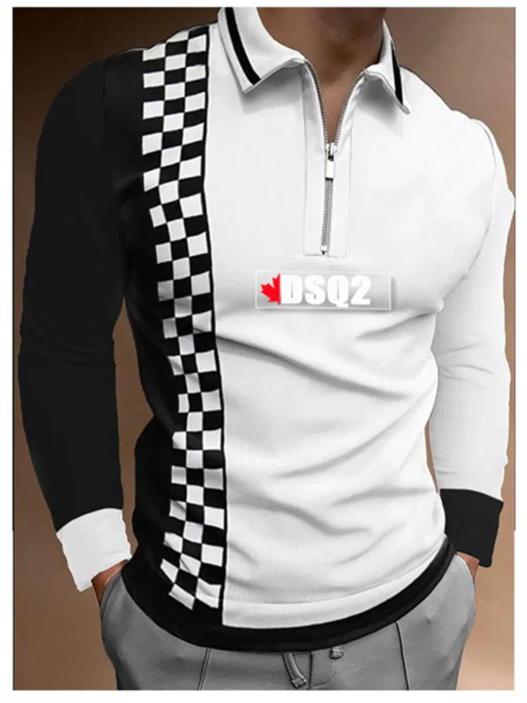 

2022 Spring Fashion Mens Polos Shirts Brand Clothing Printing Zipper Slim Long Sleeve Polos Men’s Casual T-shirt Plaid Tops