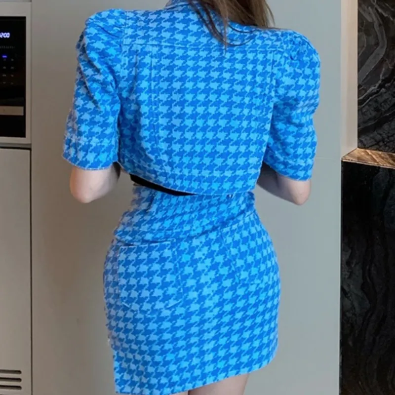 

2021Summer Fashion Thousand Bird Lattice Thin Denim Suit Crop Top Short Sleeve Wild Coat+Mini Skirts 2 Piece Sets Womens Outfits