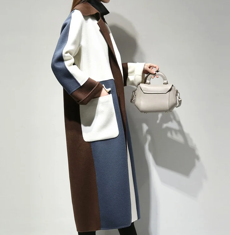 

New autumn and winter long woolen coat loose large size women's stitching was thin over the knee straight women's woolen coat