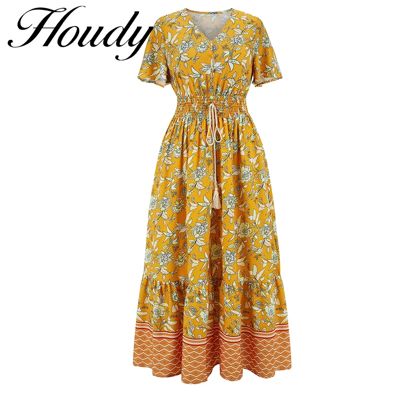 

Mall Floral Dresses Summer Women's Dress 2021 Light Woman Clothes Short Sleeves Maxi Print Clothing V-neck for Bodycon Long Gold