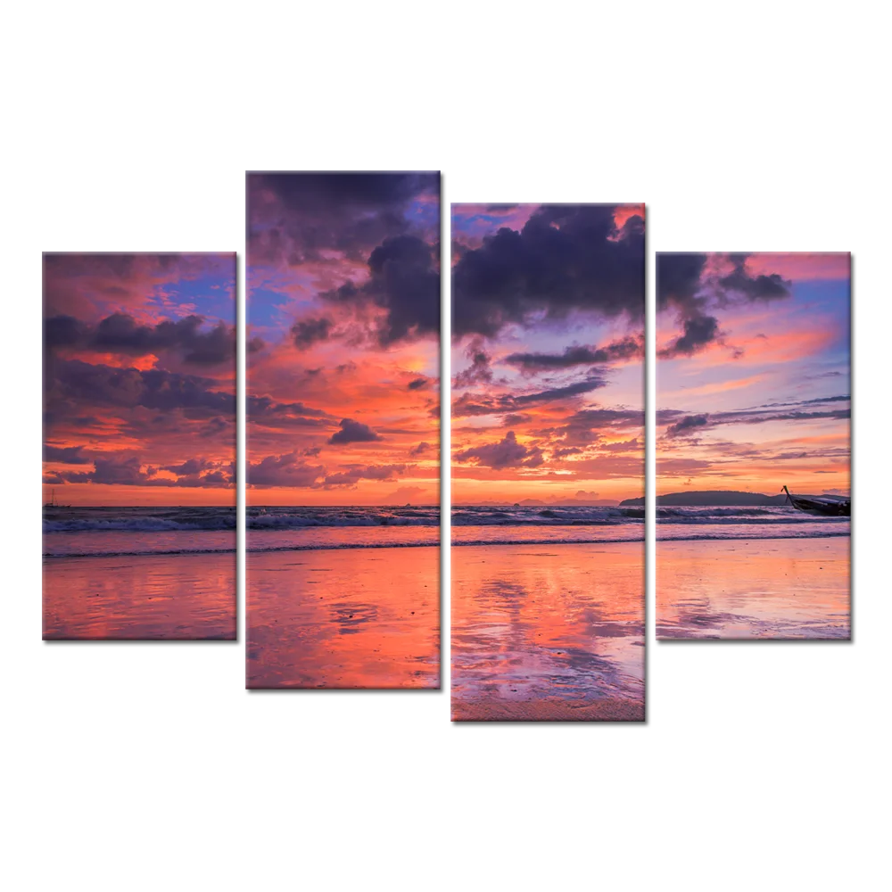

4 Pieces Beautiful Sunset Wall Decor Poster Ocean Landscape Print Canvas Painting Modern Style Pictures Living Room Wall Art