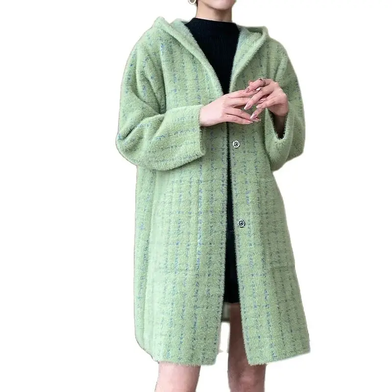 

2022 Autumn Winter Imitation Mink Velvet Coat Women 7XL Jacket Hooded Cardigan Outwear Ladies Mid-Length Plaid Overcoat